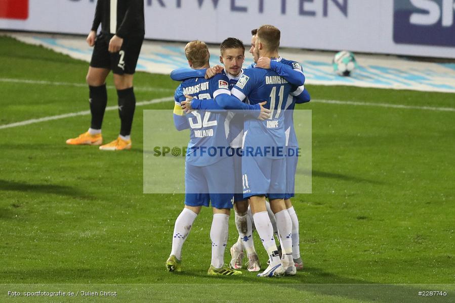 Tobias Kempe, Fabian Holland, Emotionen, Torjubel, Marvin Mehlem, Merck-Stadion, Darmstadt, 27.01.2021, DFL, sport, action, Fussball, Deutschland, Januar 2021, Saison 2020/2021, SVS, D98, Bundesliga, 2. Bundesliga, SV Sandhausen, SV Darmstadt 98 - Bild-ID: 2287746