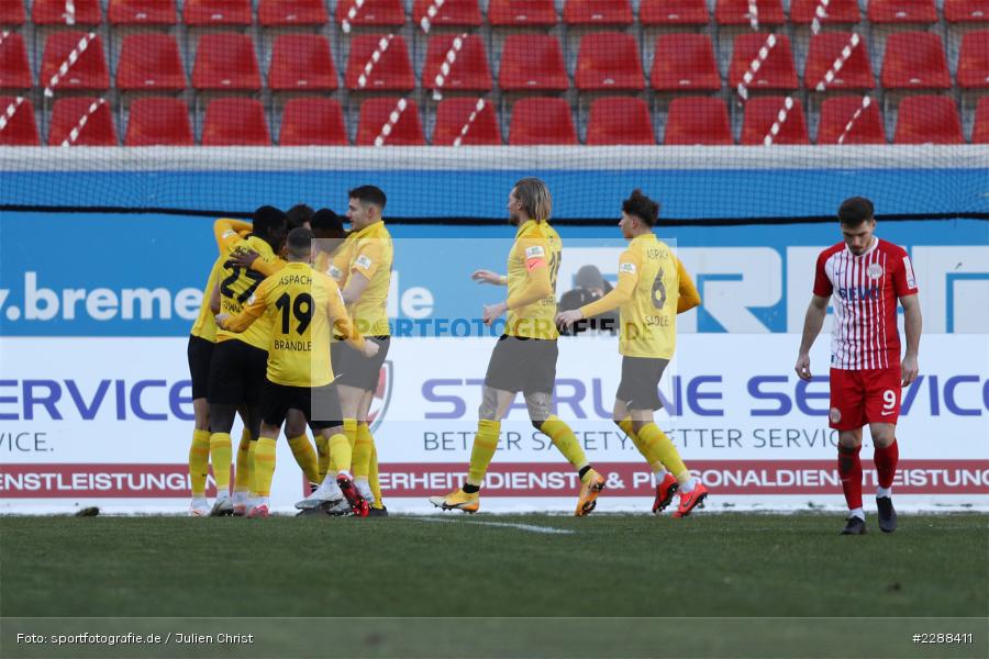 Jonas Brändle, Torjubel, Marvin Cuni, sport, action, Sparda-Bank-Hessen-Stadion, Saison 2020/2021, SG Sonnenhof Großaspach, Regionalliga Südwest, Regionalliga, Offenbach, OFC, Kickers Offenbach, Fussball, Februar 2021, Deutschland, DFL, 4. Liga, 13.02.2021 - Bild-ID: 2288411