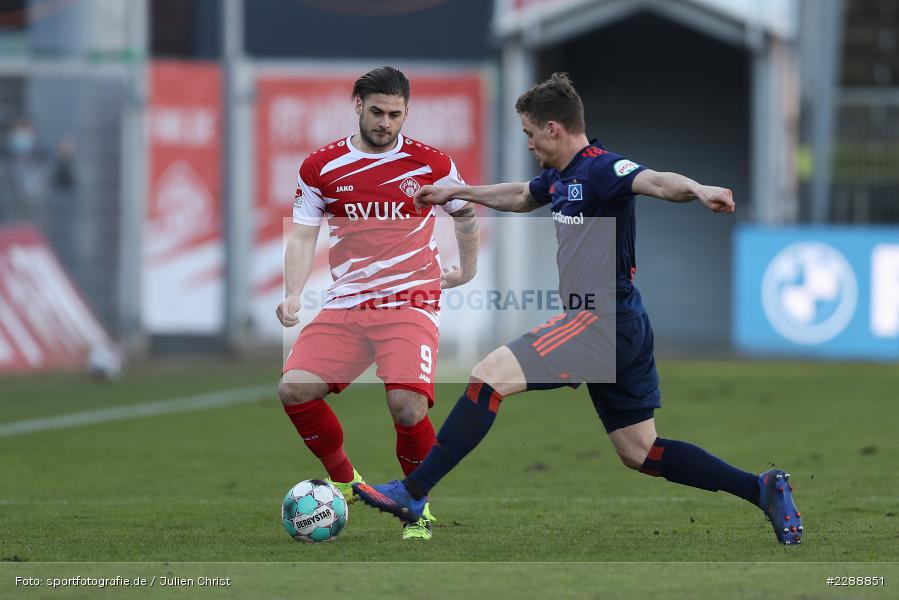 Moritz Heyer, Dominic Baumann, FLYERALARM Arena, Würzburg, 21.02.2021, DFL, sport, action, Fussball, Deutschland, Februar 2021, Saison 2020/2021, HSV, FWK, Bundesliga, 2. Bundesliga, Hamburger SV, FC Würzburger Kickers - Bild-ID: 2288851