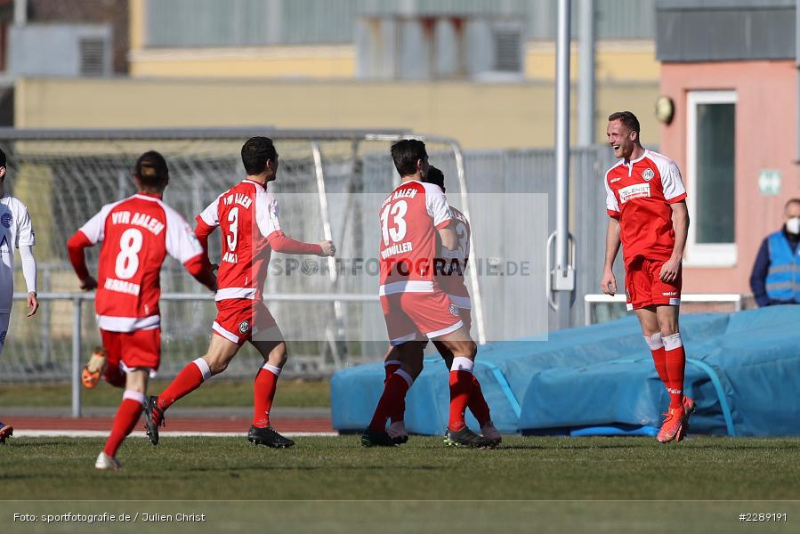 Emotionen, Nikita Marusenko, Goson Sakai, Kolja Herrmann, Gino Windmüller, Torjubel, Steffen Kienle, Leichtathletik-Stadion, Alzenau, 27.02.2021, DFL, sport, action, Fussball, Deutschland, Februar 2021, Saison 2020/2021, VFR, FCB, 4. Liga, Regionalliga, Regionalliga Südwest, VfR Aalen, FC Bayern Alzenau - Bild-ID: 2289191