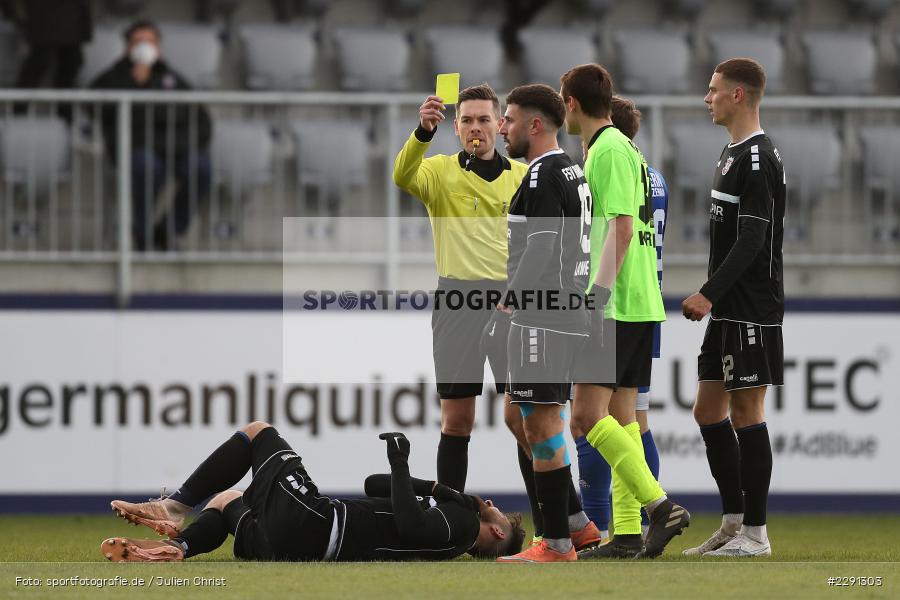 Sandro Kerber, Gelbe Karte, Gaetano Falcicchio, Main-Echo Arena, Alzenau, 06.04.2021, DFB, sport, action, Fussball, Deutschland, April 2021, Saison 2020/2021, FSV, FCB, 4. Liga, Regionalliga, Regionalliga Südwest, FSV Frankfurt, FC Bayern Alzenau - Bild-ID: 2291303