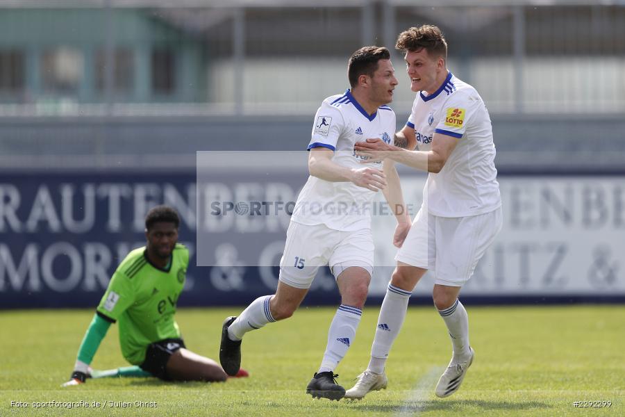 Tor, Jubel, Abseits, Tim Hecker, Tom Schmitt, Main-Echo Arena, Alzenau, 24.04.2021, DFB, sport, action, Fussball, Deutschland, April 2021, Saison 2020/2021, FKP, FCB, 4. Liga, Regionalliga, Regionalliga Südwest, FK Pirmasens, FC Bayern Alzenau - Bild-ID: 2292299 Tor, Jubel, Abseits, Tim Hecker, Tom Schmitt, Main-Echo Arena, Alzenau, 24.04.2021, DFB, sport, action, Fussball, Deutschland, April 2021, Saison 2020/2021, FKP, FCB, 4. Liga, Regionalliga, Regionalliga Südwest, FK Pirmasens, FC Bayern Alzenau - Bild-ID: 2292299