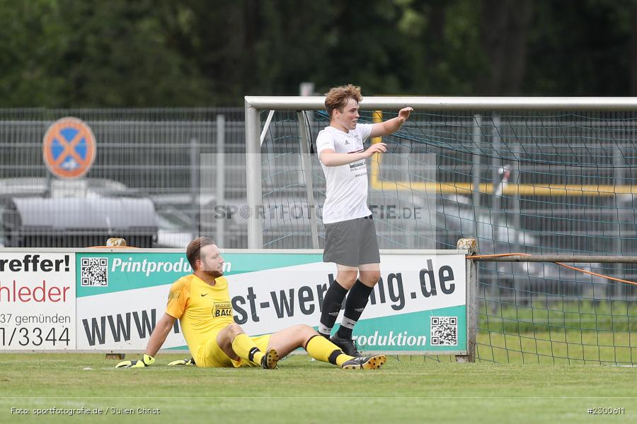 Philipp Ködel, Tor, Julian Moro, sport, action, Sportplatz Duivenallee, Saison 2021/2022, Juli 2021, Gemünden, Fussball, FVGS, FV Gemünden/Seifriedsburg, FCM, FC Mömlingen, Deutschland, Bezirksliga Unterfranken West, BFV, 25.07.2021 - Bild-ID: 2300611