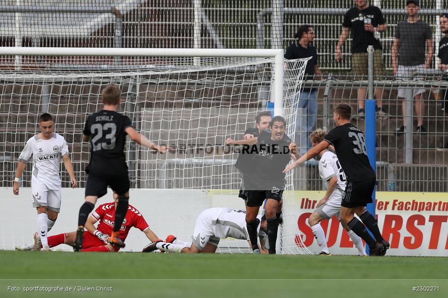 Benedict Laverty, Tom Schulz, Elmir Muhic, Torwart Markus Schöller, Torjubel, Hamza Boutakhrit, Stadion am Schönbusch, Aschaffenburg, 06.08.2021, BFV, sport, action, Fussball, Deutschland, August 2021, Regionalliga Bayern, Saison 2021/2022, SVW, SVA01, SV Wacker Burghausen, SV Viktoria Aschaffenburg - Bild-ID: 2302271