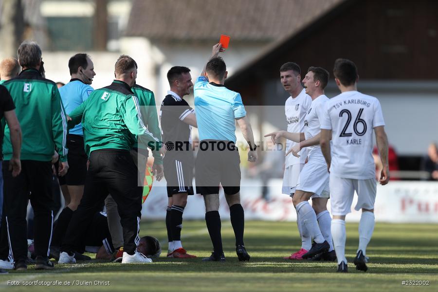 Rote Karte, Julian Meyer, Sportgelände in der Au, Karlstadt-Karlburg, 26.03.2022, BFV, sport, action, März 2022, Saison 2021/2022, Fussball, DJK, TSV, Bayernliga Nord, DJK Ammerthal, TSV Karlburg - Bild-ID: 2322002