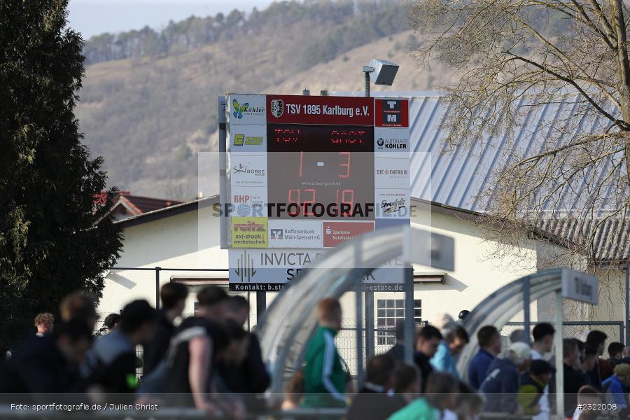 Infotafel, Endstand, Anzeigetafel, Sportgelände in der Au, Karlstadt-Karlburg, 26.03.2022, BFV, sport, action, März 2022, Saison 2021/2022, Fussball, DJK, TSV, Bayernliga Nord, DJK Ammerthal, TSV Karlburg - Bild-ID: 2322008